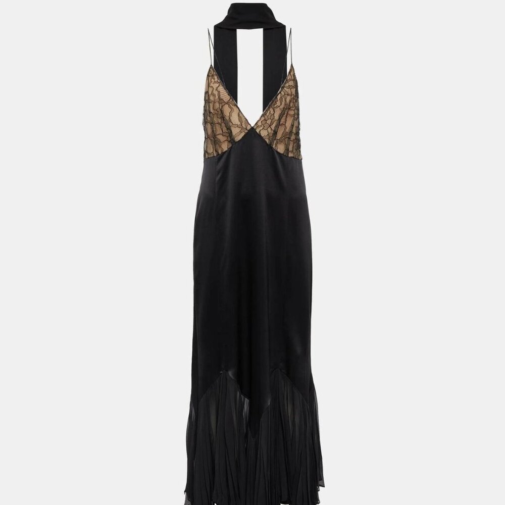 NWT New Khaite Lace Silk Satin Black Candita Pleated Godet Slip Dress Scarf Row